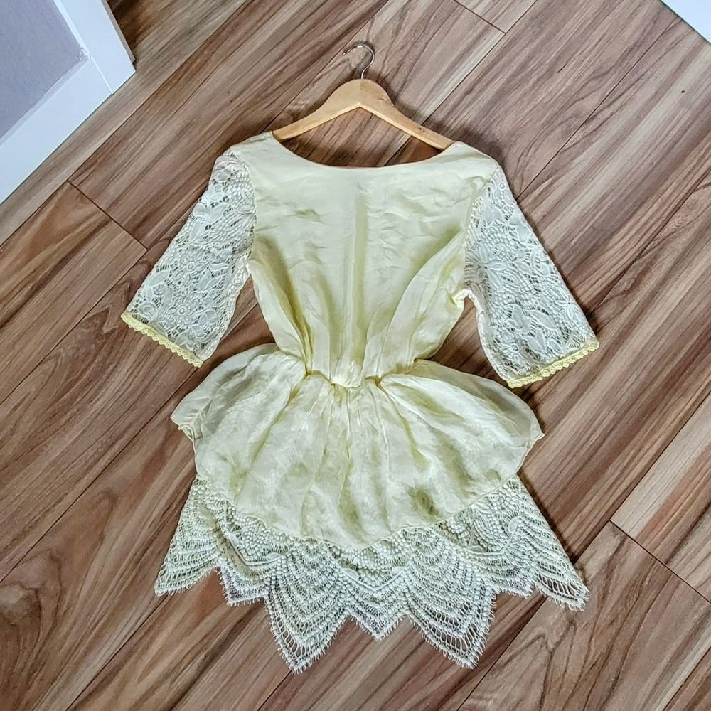Made in Italy Peplum Lace Crochet Organza Silk Half Sleeve Yellow Blouse - Picture 9 of 13